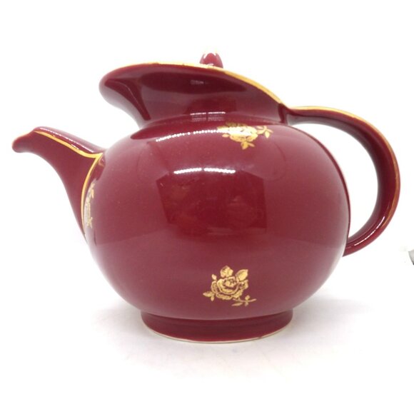 Hall 0693 Burgundy 6 Cup Gold Rose Tea Pot preowned - Picture 2 of 7